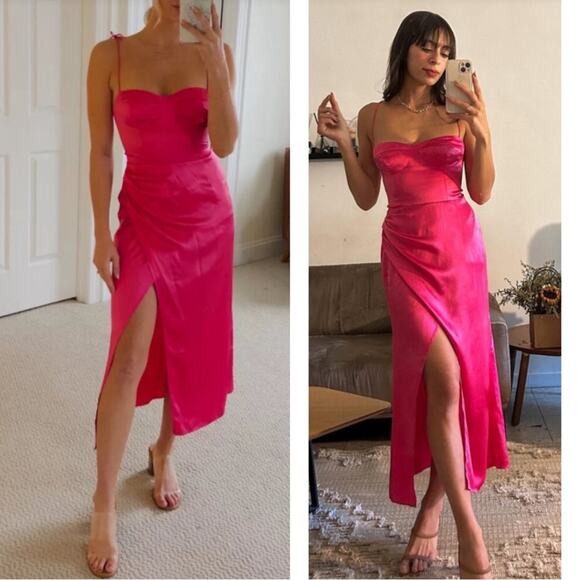 REFORMATION Marguerite Silk Tie Straps Flambé Pink Midi Dress Size 12 - Picture 2 of 9